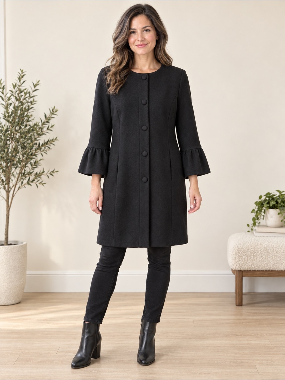 Nanette Lepore 100% Wool Black Bell Sleeve Coat Size S